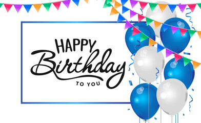 Happy birthday to you text with balloon and confetti for birth day celebration greeting card design. Vector illustration	
