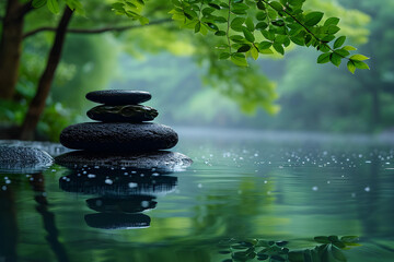 Balanced Stones in Reflective Waters Amid Lush Greenery