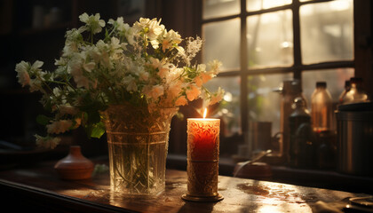 Fototapeta na wymiar Flame dances, casting warmth on table, candlelight illuminates romance generated by AI