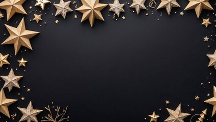 Top view of ornaments and stars on a blank black background, copy space
