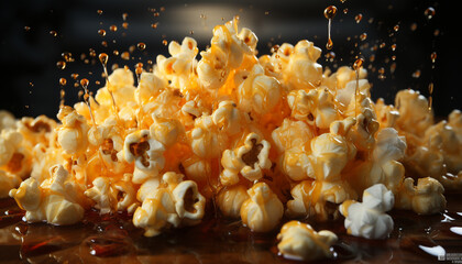 Fresh popcorn, movie night, buttery snack, dark theater, no people generated by AI