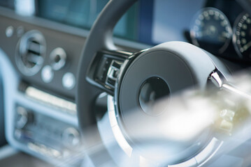 Luxury car Interior  steering wheel selective focus