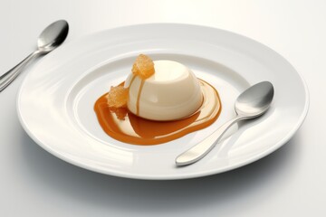 Luscious Scoop of Salted Caramel Ice Cream on a White Plate, Featuring a Refined Presentation, Generative AI