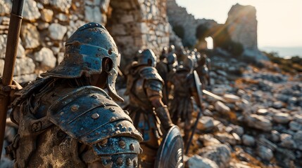 Ancient Warriors in Armor Standing Guard at a Ruined Stone Castle During Sunset