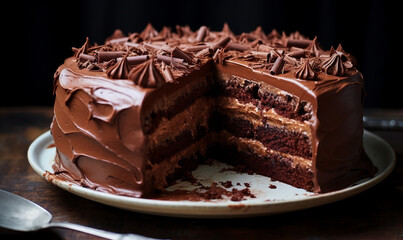 chocolate cake with chocolate frosting on a dark background. tinting. selective focus