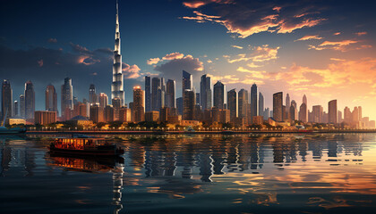 Skyscrapers illuminate city skyline at dusk reflecting on water generated by AI