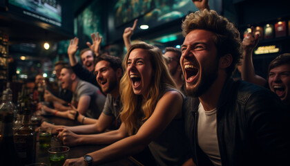 Fototapeta na wymiar Young adults enjoying nightlife at a crowded bar generated by AI