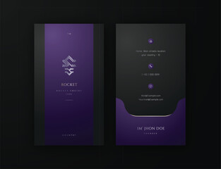 elegant business identity, professional business card vertical in purple black and chrome silver combination