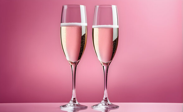 Two champagne glasses on a simplesoft pink background, Valentine's Day, Christmas. Generative AI