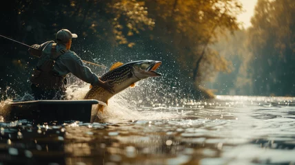 Foto op Plexiglas A Caucasian angler, landing a giant pike fish on a boat, the fish fighting hard © sderbane