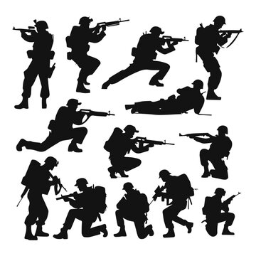 Collection of soldier with gun silhouettes in different pose