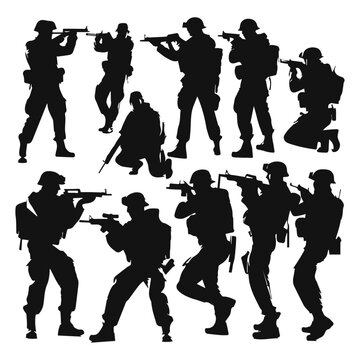 Collection of soldier with gun silhouettes in different pose