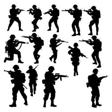 Collection of soldier with gun silhouettes in different pose