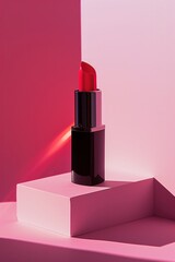 Makeup Product Advertisement. Cosmetic Lipstick on a Pink Background, Women's Fashion with Premium Makeup Products.