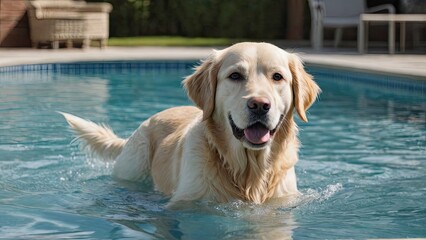 Cream golden retriever dog in the swimming pool