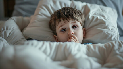 Sick boy with thermometer laying in bed. Sick son who has thermometer in his mouth. Sick child with fever and illness in bed.