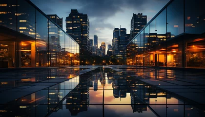 Fotobehang Cityscape at dusk, skyscrapers reflect modern architecture generated by AI © Jemastock