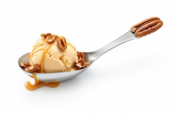 Salted Caramel Ice Cream Scoop with a Caramel Swirl, Against a Clean White Surface, Generative AI