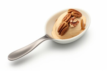 Salted Caramel Ice Cream Scoop with a Caramel Swirl, Against a Clean White Surface, Generative AI