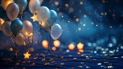 Starry elements with floating balloons against a midnight-blue backdrop. Birthday background concept - obrazy, fototapety, plakaty