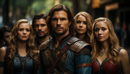 Group of young adults looking at camera outdoors generated by AI