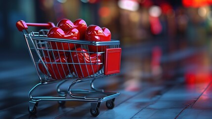Red hearts in shopping cart