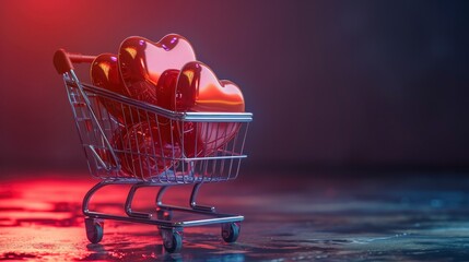 Red hearts in shopping cart