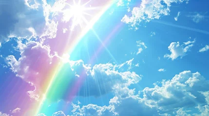 Fotobehang A colorful rainbow is shining brilliantly in the blue sky © MdKamrul
