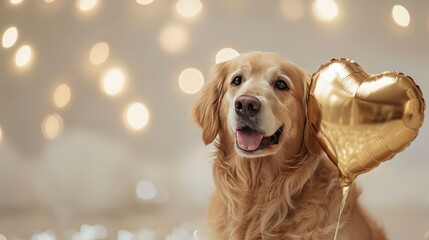 Golden Retriever dog with a gold love icon foil balloon on a bokeh background