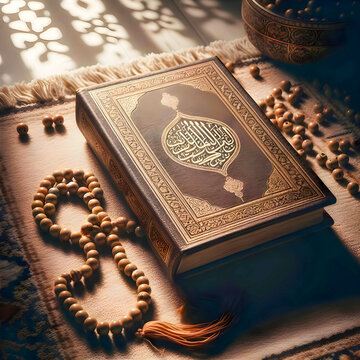 Photoshoot of the Koran, prayer beads and prayers mats with cinematic lighting and copy space area. Suitable for photos during the month of Ramadan.