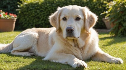 Cream golden retriever dog lying outside in the garden