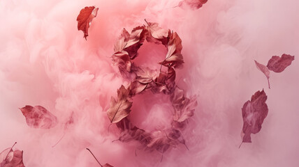 Number 8 on pastel pink color cloudy background, red pink leaves 