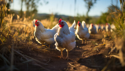 Fototapeta premium Chickens roam freely on the green farm generated by AI