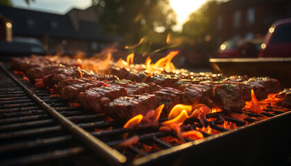 Grilled meat sizzles on fiery barbecue grill generated by AI - obrazy, fototapety, plakaty