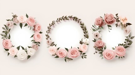 A wreath of delicate pink and white flowers on a light background. Round text frame.