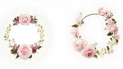 A wreath of delicate pink and white flowers on a light background. Round text frame.