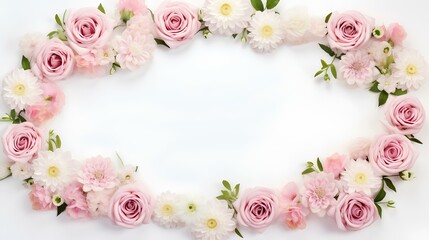 Obraz premium A wreath of delicate pink and white flowers on a light background. Round text frame.