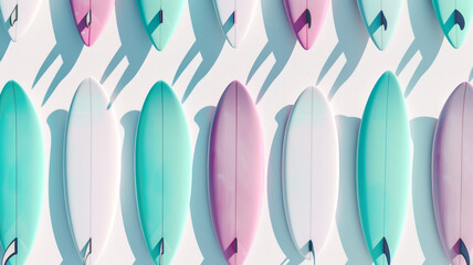 Flat lay pattern of  surfboards  in pastel colors. 