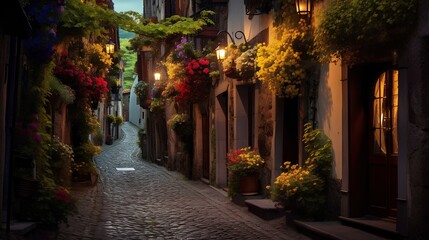 Fototapeta na wymiar A winding narrow stone street with many flowers of fabulous beauty.