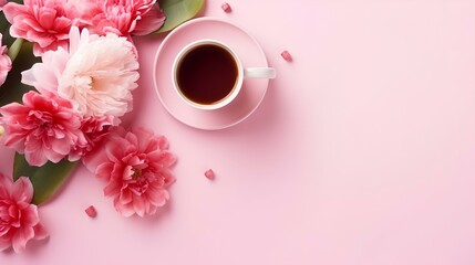 Obraz na płótnie Canvas Spring background with delicate flowers and a cup of coffee on a pink background with a place for text. Copyspace top view.