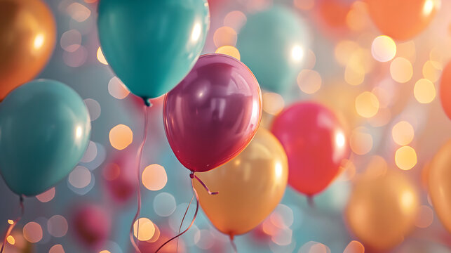 Colorful balloons against a soft pastel-colored backdrop. Cheerful background for birthday concept