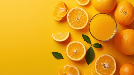 orange juice and slices of oranges on the side of a yellow background