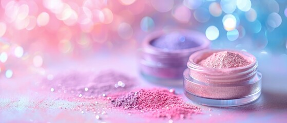 Powders for cosmetic ad on bokeh background. Makeup Product Advertisement.