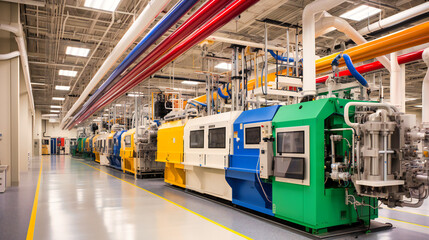 Industrial Car Manufacturing Plant, Technology and Automation in Factory, Assembly Line with Machines and Vehicles - obrazy, fototapety, plakaty