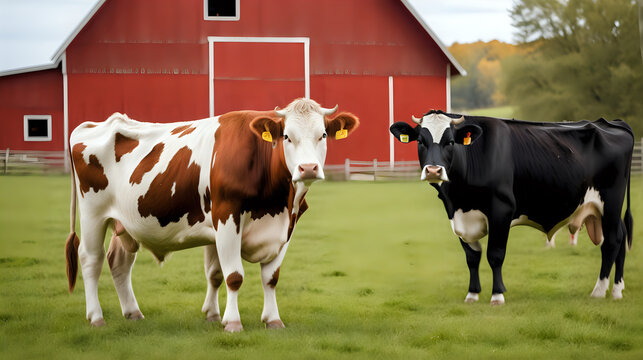 Cows grazing in a grassy farm pasture with red barn and silo.