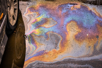 Spill of gasoline and oil on wet asphalt in a parking lot with the reflection of a car wheel in a...