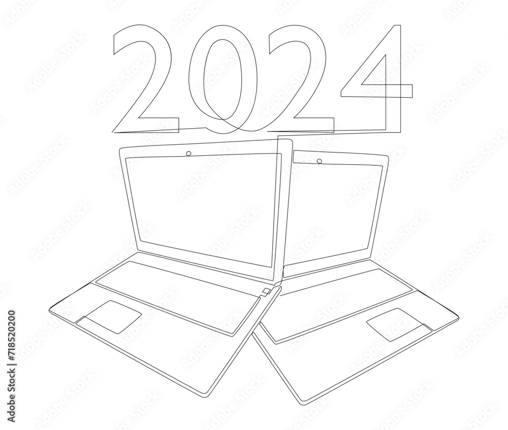 Poster one continuous line of laptop with number 2024. thin line illustration vector concept. contour drawi