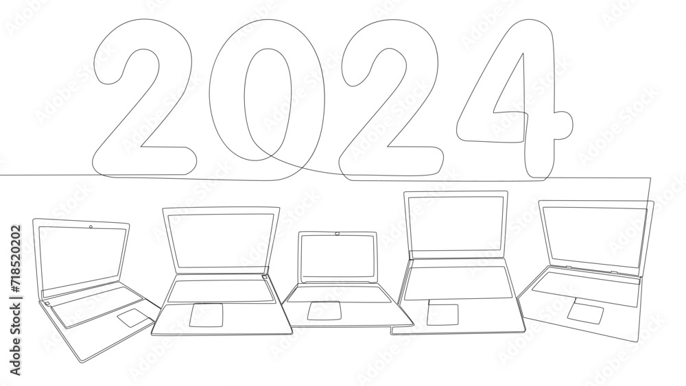 Poster one continuous line of laptop with number 2024. thin line illustration vector concept. contour drawi