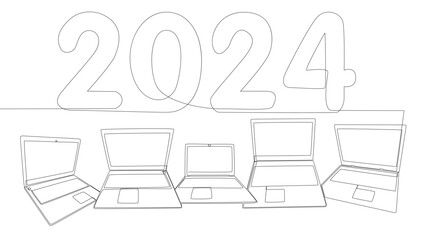 One continuous line of Laptop with number 2024. Thin Line Illustration vector concept. Contour Drawing Creative ideas.