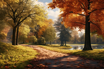 Fototapeta premium Nature's palette unfolds in this picturesque autumnal scene showcasing a bright yellow leafy carpet in a park with trees bathed in sunlight. AI generative.